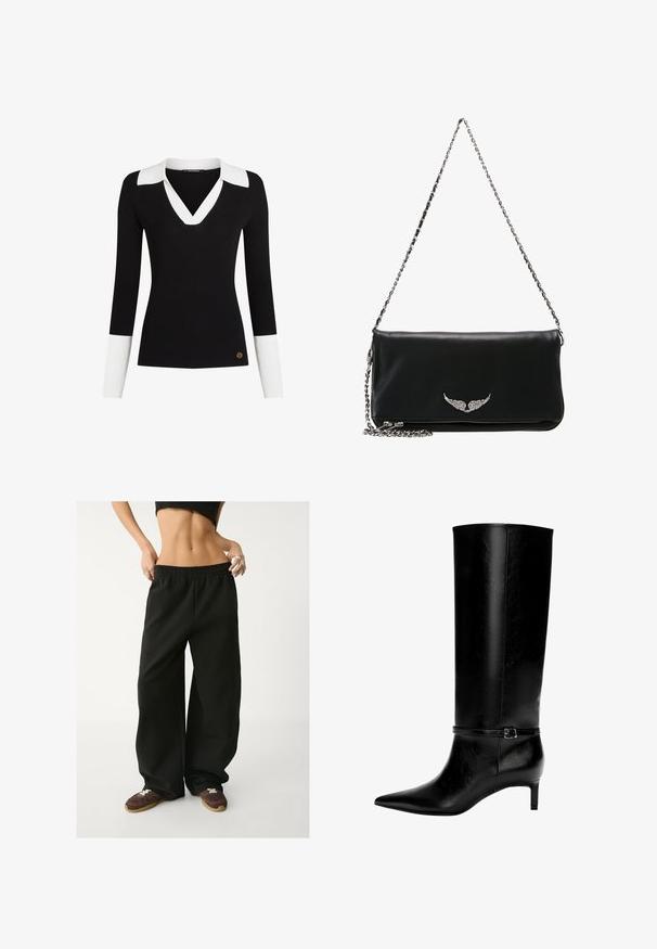 Črn volnen plašč s podvojeno zaponko, širokimi ovratniki in tremi velikimi gumbi. Ima dolge rokave in ravno krojenje.; Črni rebrasti pulover z belim ovratnikom in manšetami, dizajn V-izreza, oprijet kroj in zlatim logotipom v bližini roba.; Črne, široke trenirke z elastičnim pasom. Narejene iz mehkega blaga in imajo sproščen kroj. Ujemajo se z rjavimi supergami.; Črne usnjene zimske škornje do kolen s koničastim nosom in majhno peto. Imajo ozko zaponko z kovinsko zaponko okoli gležnja. Gladka tekstura.; Črna usnjena torbica s srebrnim verižnim ročajem, na sprednji strani s simbolom peresa, gladke teksture in z zadrgo na dnu.