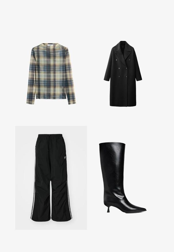 Cappotto trench in lana nera con design doppiopetto, ampi rever e tre grandi bottoni. Presenta maniche lunghe e una vestibilità dritta.; Maglia a maniche lunghe con motivo a quadri che presenta tonalità di beige, blu e marrone. Materiale morbido con scollatura rotonda e taglio dritto.; Pantaloni a vento neri con vita elasticizzata, cordoncino, strisce laterali bianche, vestibilità loose, dotati di un piccolo logo sul lato sinistro.; Stivale nero in pelle, alto fino al ginocchio, con punta affusolata, silhouette slim e tacco basso a blocco, con una finitura lucida.