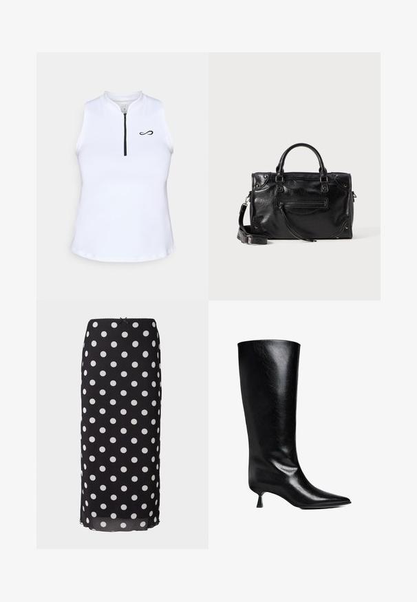 Sort uld trenchcoat med dobbeltbrystet design, brede klapper og tre store knapper. Har lange ærmer og lige snit.; Hvid ærmeløs top med høj krave, med en frontlynlås og et sort logo på venstre side. Glat, let stof.; Sort midiskirt med prikket mønster lavet af letvægtsstof med hvide cirkulære mønstre, som har en tætsiddende talje og en subtil scalloped kant.; Sort læderknæhøje støvler med spidse tæer, slank silhuet og en lav blokhæl med en blank finish.; Sort læderhandtaske med to korte håndtag og en aftagelig skulderrem. Har en frontlomme med lynlås og metaldetaljer. Tekstureret overflade.