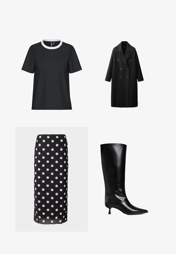 Sort uld trenchcoat med dobbeltbrystet design, brede klapper og tre store knapper. Har lange ærmer og lige snit.; Sort t-shirt med en hvid ribbet rund hals, korte ærmer og en afslappet pasform; lavet af glat stof uden synlige mønstre eller detaljer.; Sort midiskirt med prikket mønster lavet af letvægtsstof med hvide cirkulære mønstre, som har en tætsiddende talje og en subtil scalloped kant.; Sort læderknæhøje støvler med spidse tæer, slank silhuet og en lav blokhæl med en blank finish.