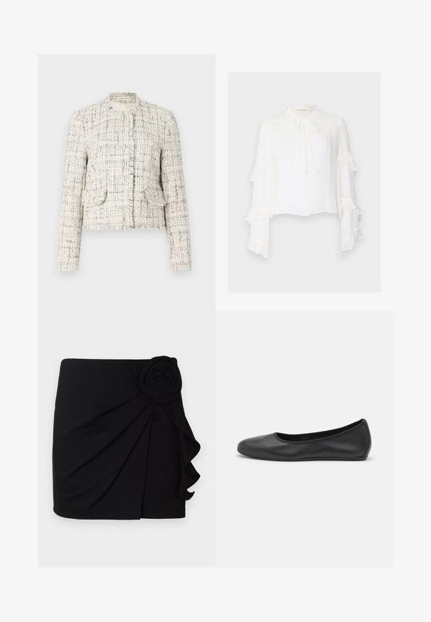 White tweed jacket with black flecks, featuring a round neck, frayed edges, two front pockets, and silver button closures.; White blouse with long, flared sleeves featuring ruffled edges. High neck with a tie detail and lightweight, textured fabric.; Black mini skirt made of soft fabric with a pleated design. Features a fabric rose accent on the side and a ruffled hem.; Black leather ballet flat with a rounded toe, smooth texture, minimal stitching detail, and a flexible sole design.