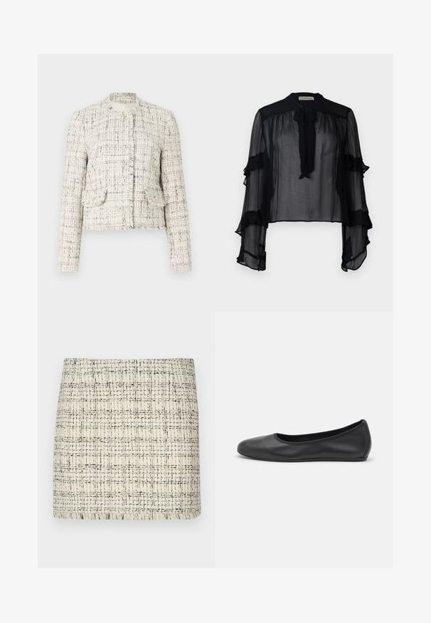 White tweed jacket with black flecks, featuring a round neck, frayed edges, two front pockets, and silver button closures.; Black sheer blouse with long, ruffled sleeves and a tie neck. Features lightweight fabric and a loose fit, suitable for layering.; Tweed mini skirt in cream and black, featuring a textured pattern with a straight cut and fringed hem for detail.; Black leather ballet flat with a rounded toe, smooth texture, minimal stitching detail, and a flexible sole design.