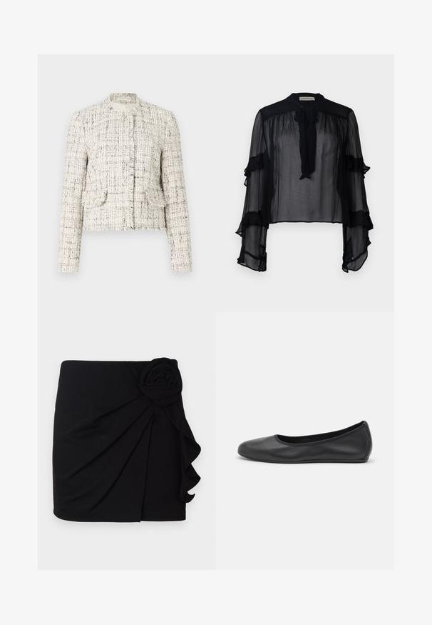 White tweed jacket with black flecks, featuring a round neck, frayed edges, two front pockets, and silver button closures.; Black sheer blouse with long, ruffled sleeves and a tie neck. Features lightweight fabric and a loose fit, suitable for layering.; Black mini skirt made of soft fabric with a pleated design. Features a fabric rose accent on the side and a ruffled hem.; Black leather ballet flat with a rounded toe, smooth texture, minimal stitching detail, and a flexible sole design.