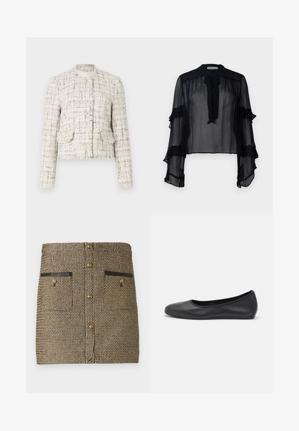 Veste en tweed blanc avec des points noirs, dotée d'un col rond, de bords effilochés, de deux poches avant et de fermetures à boutons en argent.; Blouse noire transparente avec de longues manches volantes et un col à nouer. Fabriquée en tissu léger et avec une coupe ample, elle est idéale pour superposer.; Jupe en tissu avec un motif noir et or, deux poches avant avec des accents noirs et des boutons dorés au centre.; Ballerines en cuir noir avec un bout rond, texture lisse, détails de couture minimalistes et design de semelle flexible.