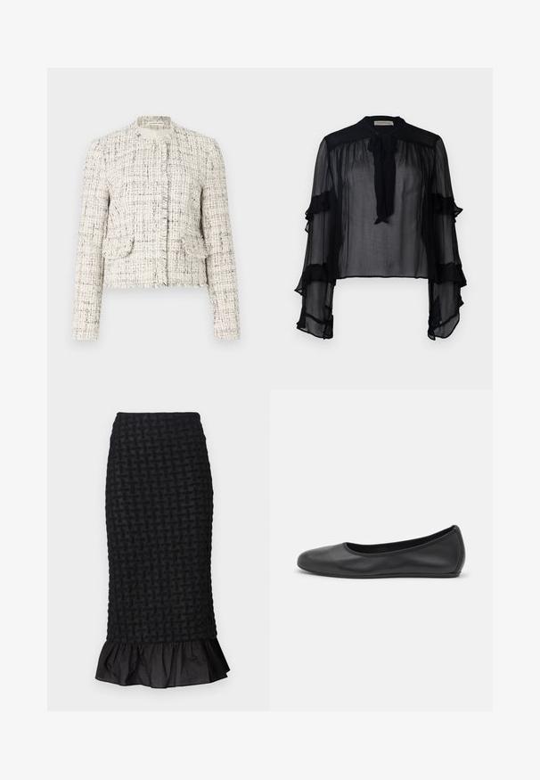 Hvit tweedjakke med svarte flekker, med rund hals, frynsete kanter, to frontlommer og sølvfarge knappelukking.; Svart gjennomsiktig bluse med lange, volangermede ermer og knytehals. Har lett stoff og løs passform, egnet for lagdeling.; Svart vevd blyantskjørt med teksturert mønster, utsvingt volangnederst og glatt midjebånd, laget av lett stoff.; Svart skinnballettflatt med rund tå, glatt tekstur, minimal sømdetalj, og et fleksibelt såledesign.