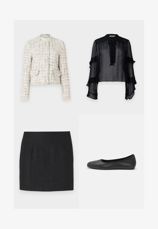 Fehér tweed dzseki fekete foltokkal, kerek nyakkal, foszlott élekkel, két elülső zsebbel és ezüst gombos záródással.; Fekete áttetsző blúz hosszú, fodros ujjal és nyakmegkötővel. Könnyű anyagból készült, laza szabással, rétegezéshez megfelelő.; Fekete szoknya, szabott fazonnal, rakott részletekkel és sima, texturált anyaggal. Az alja egyenes, a térd fölé érkező hosszúsággal.; Fekete bőr balettcipő lekerekített orral, sima tekstúrával, minimális varrással és rugalmas talp kialakítással.