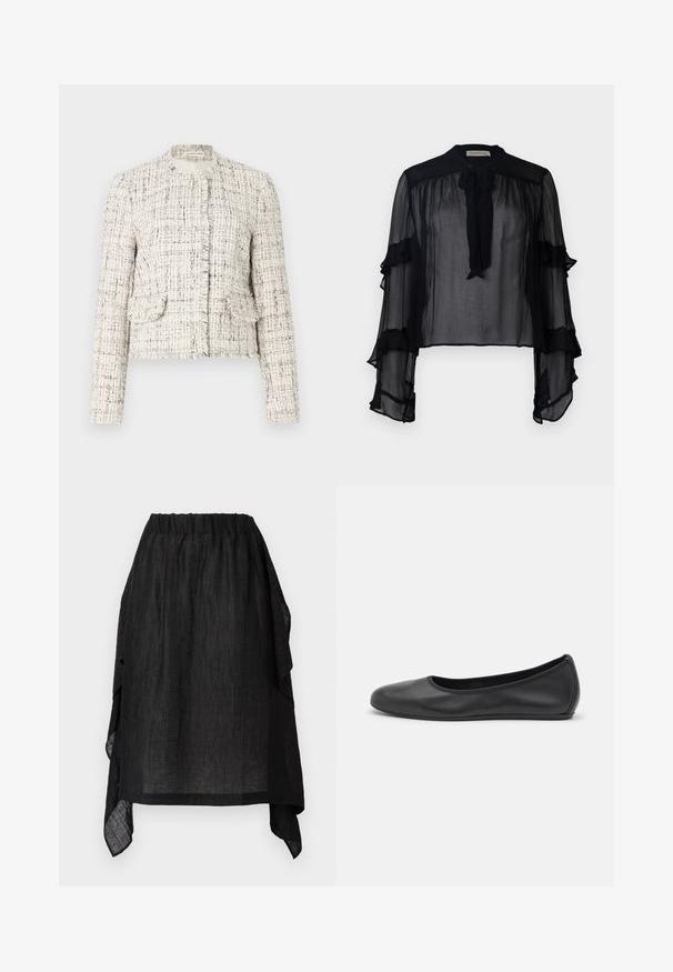 Biela tweedová bunda s čiernymi fliačkami, s okrúhlym výstrihom, rozstrapkanými okrajmi, dvoma prednými vreckami a striebornými gombíkmi.; Čierna priesvitná blúzka s dlhými, volánkovými rukávmi a viazaným golierom. Má ľahkú tkaninu a voľný strih, vhodná na vrstvenie.; Henrik Vibskov UNCUT SKIRT - sukňa v tvare A - black; Čierne kožené baleríny s okrúhlou špičkou, hladkým povrchom, minimálnym prešívaním a flexibilným dizajnom podrážky.