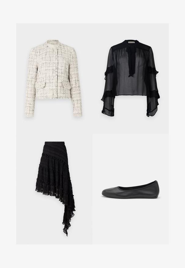 Balta tweed jakete ar melnām plankumiem, ar apaļu kakla izgriezumu, nokareniem malām, divām priekšējām kabatām un sudraba pogu aizdariem.; Melna caurspīdīga blūze ar garām, viļņotām piedurknēm un kakla saišu. Iezīmējas ar vieglu audumu un brīvu piegriezumu, kas ir piemērots slāņošanai.; Melna asimetriska svārki ar strukturētām plisēm, slāņotiem volāniem un smockētu vidukļa daļu. Viegls audums ar caurspīdīgu apdari.; Melna ādas baleta kurpe ar noapaļotu purngalu, gludu tekstūru, minimālu šuvju detalizāciju un elastīgu zoles dizainu.