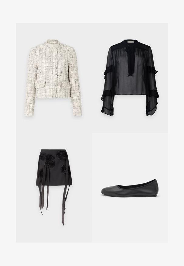 Hvit tweedjakke med svarte flekker, med rund hals, frynsete kanter, to frontlommer og sølvfarge knappelukking.; Svart gjennomsiktig bluse med lange, volangermede ermer og knytehals. Har lett stoff og løs passform, egnet for lagdeling.; Svart skjørt med tredimensjonale blomsterapplikasjoner og lange, flytende satengbånd. Materialet har en jevn tekstur og en strukturert design.; Svart skinnballettflatt med rund tå, glatt tekstur, minimal sømdetalj, og et fleksibelt såledesign.