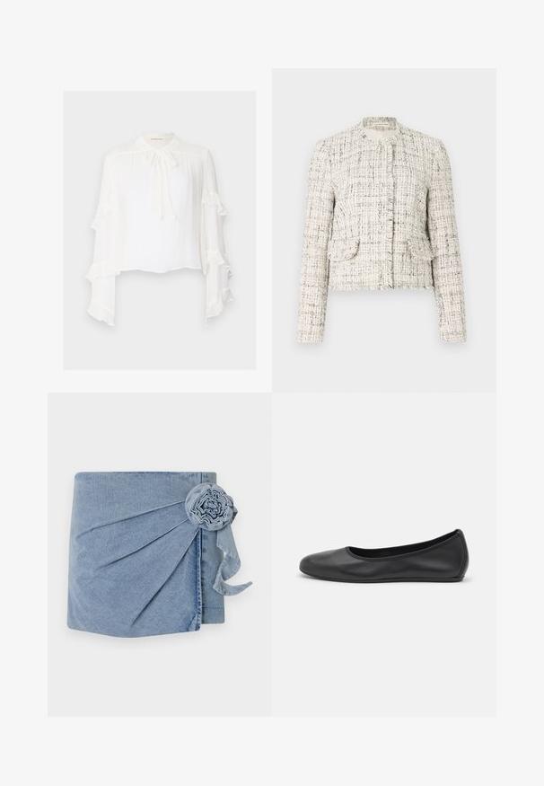 Giacca in tweed bianco con fibre nere, caratterizzata da un collo rotondo, bordi sfrangiati, due tasche anteriori e chiusure a bottoni argentati.; Blusa bianca con maniche lunghe e svasate, caratterizzate da bordi arricciati. Collo alto con dettagli a cravatta e tessuto leggero e testurizzato.; Wrap in denim con una tonalità azzurro chiaro, con pieghe intricate e un fiore decorativo con un nastro che penzola. Texture morbida e design informale.; Pantofole da balletto nere in pelle con punta arrotondata, texture liscia, dettagli di cucitura minimi e design con suola flessibile.