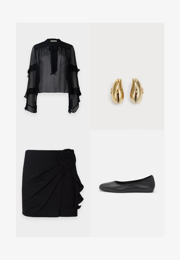 White tweed jacket with black flecks, featuring a round neck, frayed edges, two front pockets, and silver button closures.; Black sheer blouse with long, ruffled sleeves and a tie neck. Features lightweight fabric and a loose fit, suitable for layering.; Black mini skirt made of soft fabric with a pleated design. Features a fabric rose accent on the side and a ruffled hem.; Black leather ballet flat with a rounded toe, smooth texture, minimal stitching detail, and a flexible sole design.; Gold-tone earrings with a flowing, curved design. Each earring features a smooth surface and a small clasp with a decorative detail.