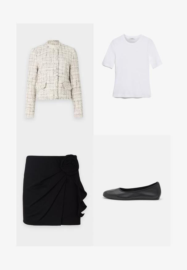 Witte tweedjas met zwarte vlekken, voorzien van een ronde hals, rafelige randen, twee voorkruisen en zilveren knoopsluitingen.; Witte korte mouwen t-shirt van ribstof. Ronde halslijn, normale pasvorm en subtiele stiksels. Geen patronen of grafische elementen.; Zwarte mini-jurk van zachte stof met een geplooid ontwerp. Beschikt over een stoffen rozenaccent aan de zijkant en een gerimpelde zoom.; Zwarte leren ballerina met een ronde neus, gladde textuur, minimale stikdetails en een flexibele zoolontwerp.
