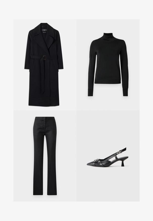 Black long wool coat with wide lapels, two side pockets, and a matching belt with a rectangular buckle at the waist.; Black long-sleeve turtleneck sweater with ribbed cuffs and hem, displayed on a plain white background.; Black, fitted trousers with a smooth texture, a slightly shiny finish, and a straight-leg cut. No visible hardware or patterns.; Black leather slingback shoe with a pointed toe, decorative straps featuring metal eyelets, and a low block heel. Textured surface.