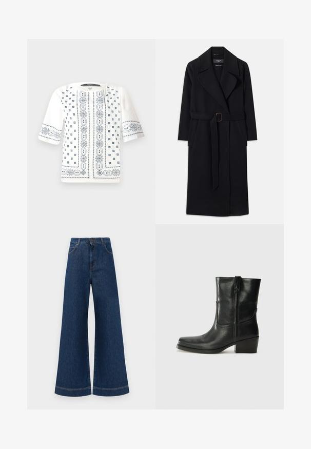 Svart lång ullkappa med breda revers, två sidfickor och ett matchande bälte med en rektangulär spänne i midjan.; Vit blus med kort ärm som har blå blomsterbroderier, rund halsringning och intrikata mönster längs framsidan och ärmarna.; Bredda blå denimjeans med hög midja, med knappstängning, bältesögglor och subtila sömdetaljer längs fickorna och fållarna.; Svart läderankelboot med rund tå, blockklack, sidodragkedja och sömmar på ovandelen. Slät textur, klassisk design.