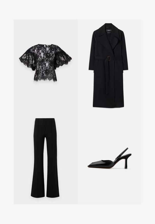 Schwarzer langer Wollmantel mit breiten Revers, zwei seitlichen Taschen und einem passenden Gürtel mit rechteckiger Schnalle in der Taille.; Schwarzes Spitzentop mit kurzen, ausladenden Ärmeln, Rundhalsausschnitt und gewelltem Saum. Der transparente Stoff zeigt filigrane Blumenmuster.; Schwarze Schlaghose mit hoher Taille, aus dehnbarem Material. Mit vertikalen Nahtdetails auf der Vorderseite und einer glatten Textur.; Schwarzer Leder Slingback-Absatz mit spitz zulaufender Zehenpartie, minimalistisches Design, dünner Knöchelriemen und eleganter Stiletto-Absatz. Glatte Textur.