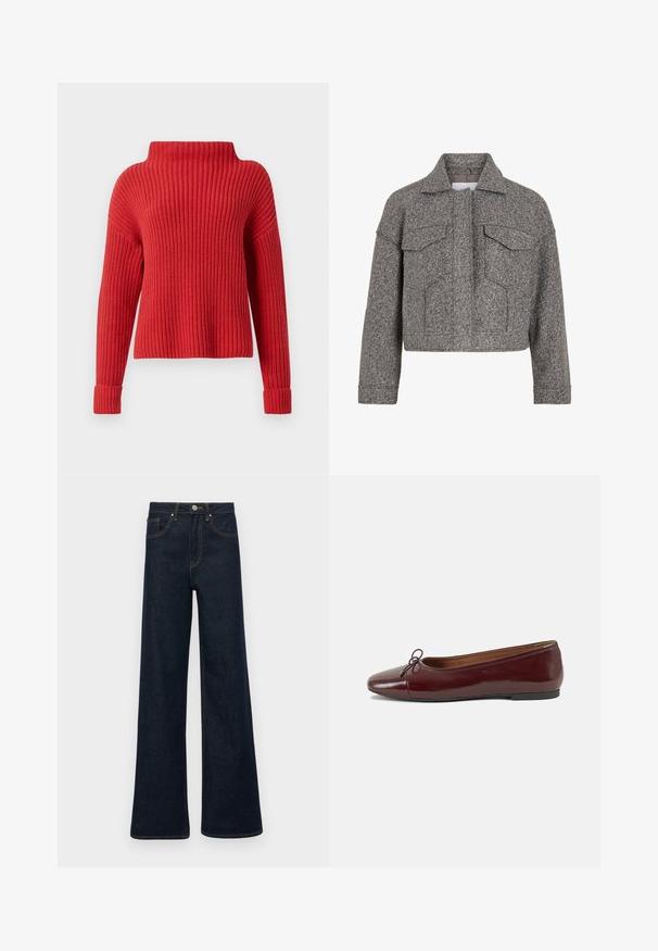 Graue kurz geschnittene Jacke aus strukturiertem Wollstoff, mit spitzem Kragen, zwei Fronttaschen und geradem Schnitt.; Roter Strickpullover mit hohem Kragen, geripptem Struktur, langen Ärmeln und taillierten Bündchen. Lässiger, kastiger Schnitt, ideal zum Layering.; Dunkelblaue weit geschnittene Jeans aus Denim mit Fronttaschen, Gürtelschlaufen und Knopfverschluss.; Burgunderfarbenes, lackiertes Ballettschuh mit abgerundetem Zehenbereich, kleiner Schleifenakzent vorne und einer niedrigen, schwarzen Gummisohle. Glatte Textur.