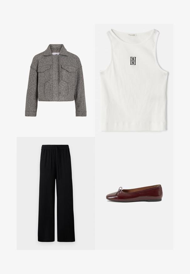 Szürke, textúrált gyapjúból készült cropped dzseki, hegyes gallérral, két elülső zsebbel és egyenes szabású designnal.; Fehér bordázott ujjatlan póló, melyen a mellkas közepén egy fekete hímzett logó található. A nyakkivágás és az ujjak nyílásai finom szegéllyel vannak ellátva.; Fekete, bő szárú nadrág elasztikus derékkal és állítható zsinórral. Sima anyag, a felületen nem látható minták vagy díszítések.; Burgundi lakkbőr balettcipő kerek orral, elöl kis masni díszítéssel és alacsony, fekete gumi talppal. Simára csiszolt felület.