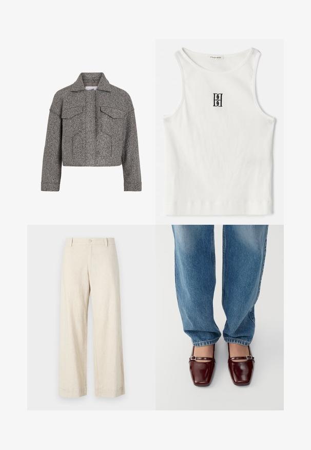 Jaqueta cinza corta feita de lã texturizada, com um colarinho pontudo, dois bolsos frontais e um design de corte reto.; Top pérola canelado branco com um logótipo bordado preto centrado no peito. A gola e as cavas têm um acabamento discreto.; Calças de linho bege, design de perna larga, fecho frontal com botão, frente lisa, dois bolsos laterais, textura leve, bainha limpa.; Sapatos de couro patente borgonha com bico quadrado e tira no tornozelo, combinados com jeans de corte largo em azul claro. Os sapatos têm um acabamento brilhante.