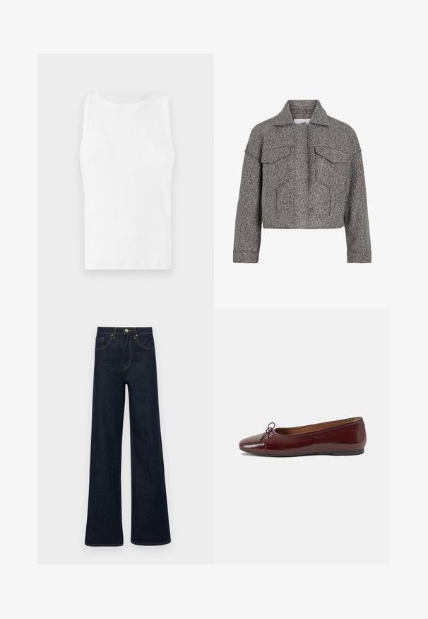 Hallide tekstuuriga villast valmistatud hall lühike jakk, millel on terav krae, kaks esikotti ja sirge lõike disain.; Valge ribiga top, ümmarguse kaeluse ja ilma varrukateta disainiga. Kude näeb välja sile ja veniv, sobib igapäevaseks kandmiseks.; Tumedast sinised laiad teksapüksid, millel on ees taskud, vöökohad ja nööpkinnitus.; Burgundi patendnahk kingad balletitüüpi, ümmarguse ninaosa, ees väike paelaaktsent ja madal must kummist tald. Sile tekstuur.