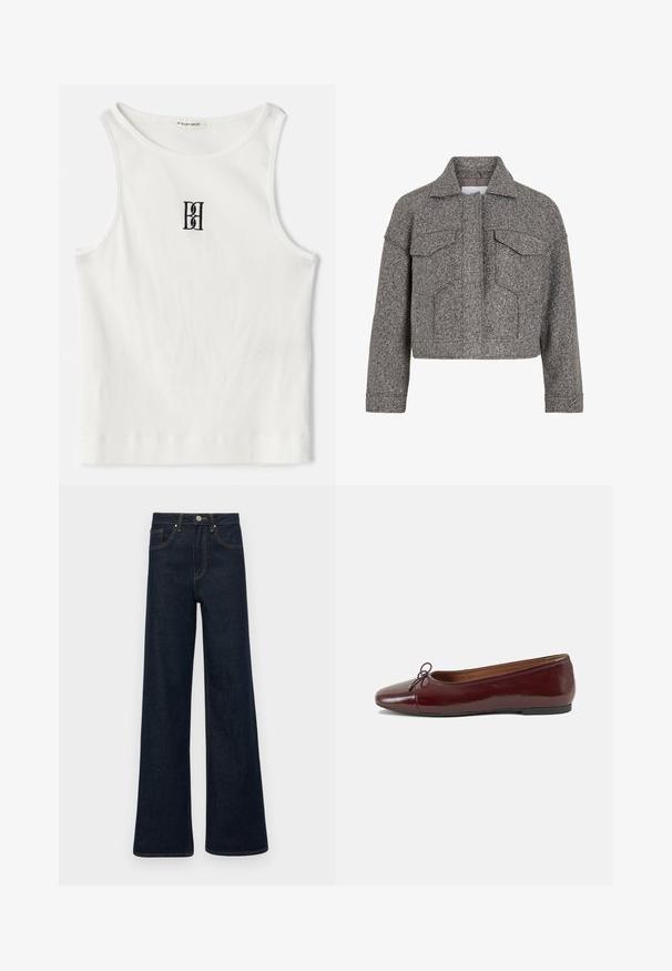 Giacca grigia accorciata realizzata in lana texturizzata, con colletto a punta, due tasche frontali e un design a taglio dritto.; Canotta bianca a costine con un logo ricamato nero centrato sul petto. Il colletto e le aperture delle braccia sono rifiniti con un sottile bordino.; Jeans in denim blu scuro a gamba larga con tasche frontali, passanti per cintura e chiusura con bottone.; Ballerine in pelle verniciata bordeaux con punta arrotondata, piccolo fiocco decorativo sulla parte anteriore e suola bassa in gomma nera. Texture liscia.