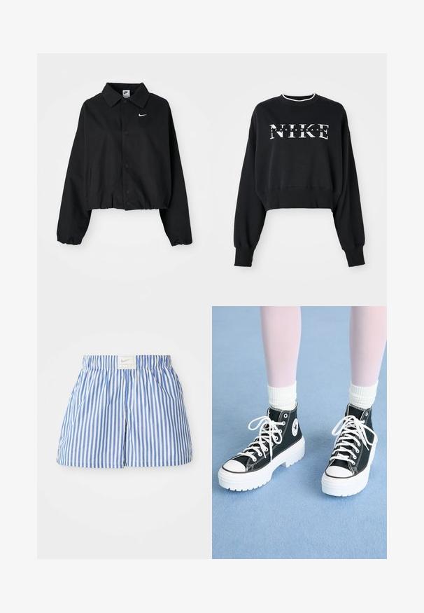 Zwarte cropped jas met een knoopsluiting aan de voorkant, lange mouwen en een elastische zoom. Kenmerkt zich door een klein wit Nike-logo op de borst.; Cropped zwarte sweatshirt van katoen, met witte opdruk "NIKE" en "SPORTSWEAR", en geribbelde manchetten en kraag.; Blauwe en witte gestreepte shorts met een elastische tailleband en een label met het Nike-logo. Gemaakt van lichtgewicht stof met een zachte textuur.; Zwarte hoge sneakers met witte zolen en veters, met een circulair logo op de zijkant en contrasterende zwarte stiksels. Bovenwerk van gestructureerde stof.