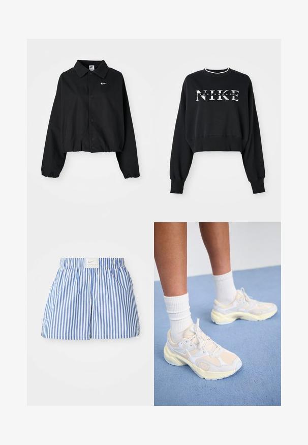 Juodas trumpas švarkas su atverčiamomis sagomis, ilgomis rankovėmis ir elastingu apvadu. Priekyje yra mažas baltas Nike logotipas.; Juodų medvilnės trumpų rankovių džemperis su baltu "NIKE" ir "SPORTSWEAR" spaudiniu, su pintomis rankogaliais ir apykakle.; Mėlynos ir baltos juostuotos šortai su elastinga juosta ir etikete, kurioje yra Nike logotipas. Pagaminti iš lengvos medžiagos su lygiu paviršiumi.; Išvaizdūs sportiniai bateliai šviesiai geltonos ir baltos spalvų, pagaminti iš tinklinės ir sintetinių medžiagų, apvalios formos ir su tekstūruotais padais.