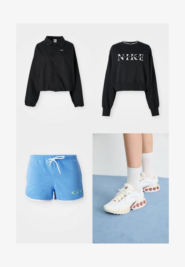 Chaqueta corta negra con cierre de botones en la parte delantera, mangas largas y dobladillo elástico. Cuenta con un pequeño logo blanco de Nike en el pecho.; Sudadera negra recortada de algodón, con estampado blanco de "NIKE" y "SPORTSWEAR", y puños y cuello acanalados.; Pantalones cortos de algodón azul claro con un cordón blanco, que presentan un borde blanco y un logo con acento verde en la parte inferior izquierda.; Zapatillas deportivas blancas con un upper texturizado, que presentan un acento rosa en los cordones y grandes burbujas de aire en la suela.