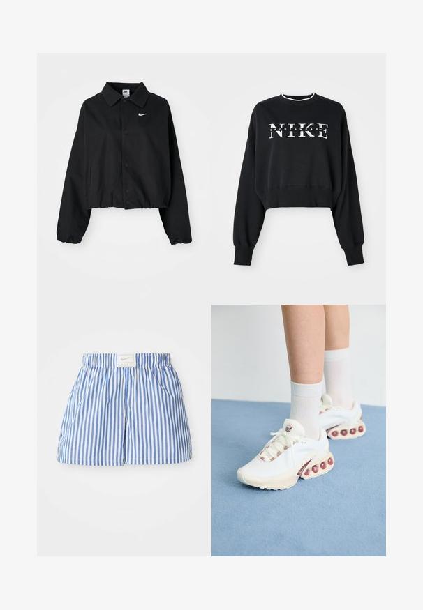 Zwarte cropped jas met een knoopsluiting aan de voorkant, lange mouwen en een elastische zoom. Kenmerkt zich door een klein wit Nike-logo op de borst.; Cropped zwarte sweatshirt van katoen, met witte opdruk "NIKE" en "SPORTSWEAR", en geribbelde manchetten en kraag.; Blauwe en witte gestreepte shorts met een elastische tailleband en een label met het Nike-logo. Gemaakt van lichtgewicht stof met een zachte textuur.; Witte sportieve sneakers met een gestructureerde bovenkant, voorzien van een roze accent op de veters en grote luchtbellen in de zool.