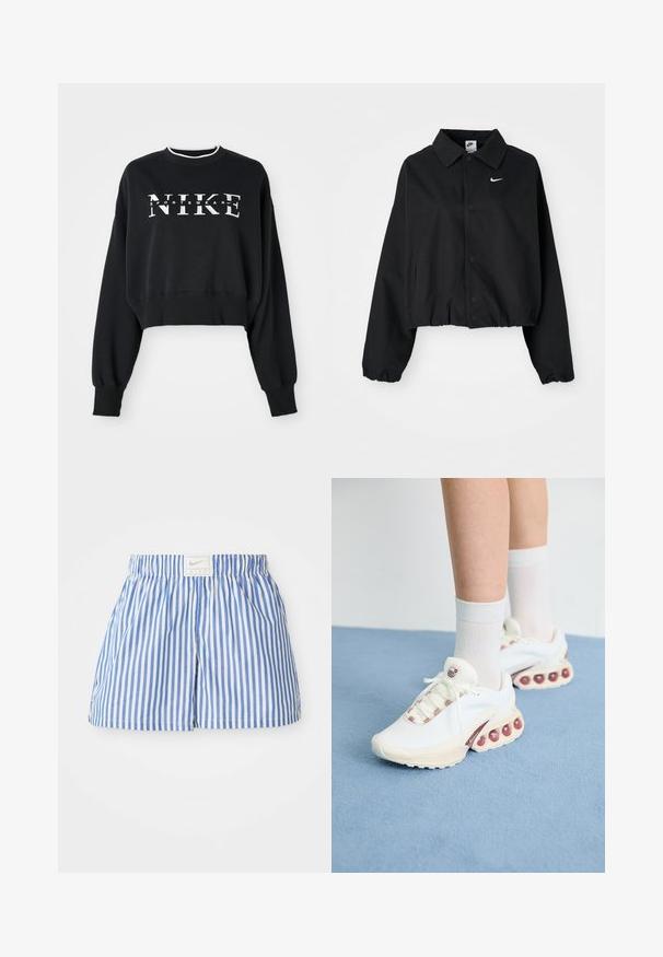 Črna skrajšana jakna z gumbom spredaj, dolgimi rokavi in elastičnim robom. Ima majhen bel Nike logotip na prsih.; Kratka črna majica iz bombaža s printom v beli barvi "NIKE" in "SPORTSWEAR", z rebrastimi manšetami in ovratnikom.; Modri in beli kratki hlače z elastiko v pasu ter oznako z logotipom Nike. Narejene so iz lahkega materiala z gladko teksturo.; Bele športne superge z teksturirano zgornjico, ki imajo rožnato akcentno barvo na vezalkah in velike zračne mehurčke v podplatu.