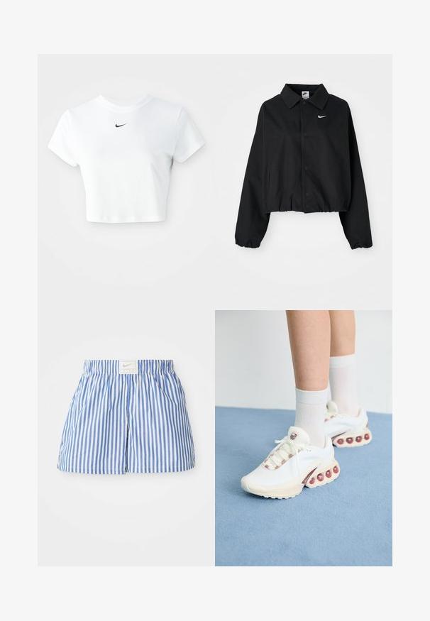 Chaqueta corta negra con cierre de botones en la parte delantera, mangas largas y dobladillo elástico. Cuenta con un pequeño logo blanco de Nike en el pecho.; Camiseta corta blanca de algodón, con mangas cortas y cuello redondo, y un logo negro de Nike en el pecho.; Pantalones cortos a rayas azul y blanco con cintura elástica y una etiqueta con el logo de Nike. Hechos de una tela ligera con una textura suave.; Zapatillas deportivas blancas con un upper texturizado, que presentan un acento rosa en los cordones y grandes burbujas de aire en la suela.