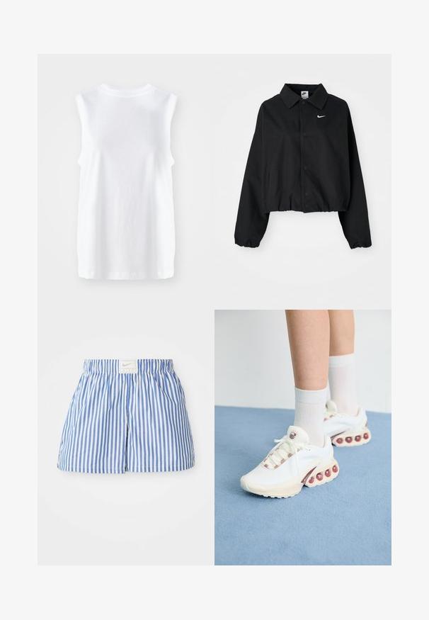 Juodas trumpas švarkas su atverčiamomis sagomis, ilgomis rankovėmis ir elastingu apvadu. Priekyje yra mažas baltas Nike logotipas.; Balta rankovių medvilninė palaidinė su apvalia iškirpte, sklandi tekstūra ir laisvas siluetas. Be papuošimų ar raštų. Paprastas dizainas.; Mėlynos ir baltos juostuotos šortai su elastinga juosta ir etikete, kurioje yra Nike logotipas. Pagaminti iš lengvos medžiagos su lygiu paviršiumi.; Baltos sportinės kedai su tekstūruota viršutine dalimi, su rožine akcentu ant raištelių ir dideliais oro burbulais padingtone.