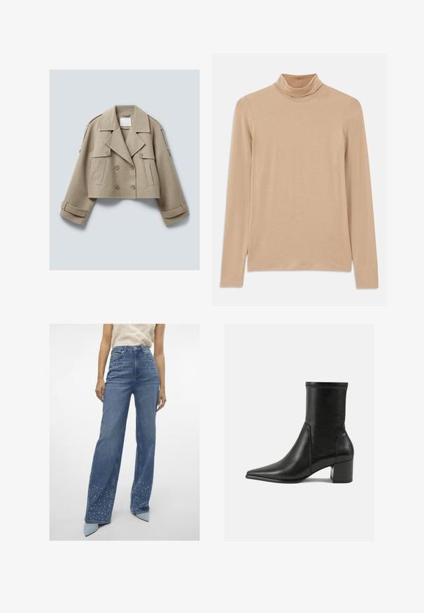 Šviesiai rudas trumpas vilnonis dvigubos sagtys švarkas su plačiomis apykaklėmis, sagos užsegamais kišenėmis ir dirželių detalėmis ant rankovių bei pečių.; Smėlio spalvos ilgos rankovės golfo megztinis, pagamintas iš minkštos, tekstūruotos medžiagos; turi siaurą siluetą ir aukštą apykaklę. Nėra matomų raštų ar detalių.; Vero Moda Tall VMTESSA PEARL - Laisvo kirpimo džinsai - medium blue denim; Juodos odinės aulinės botai, turintys smailią nosį, storą kulną ir ryškiai išryškintą siuvinėjimą viršutinėje dalyje.