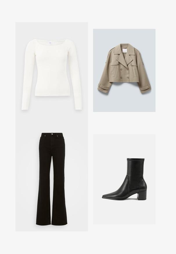 Chaqueta de lana cortada color beige, de doble botonadura, con amplias solapas, bolsillos con tapa abotonados y detalles de cintas en los puños y hombros.; Top blanco de manga larga con canalé y escote cuadrado, hecho de tela suave. Presenta un diseño ajustado y dobladillos sin costuras para un aspecto limpio.; Vaqueros acampanados de tiro alto en negro, hechos de mezclilla, con cierre de botón, bolsillos laterales y una textura suave.; Botín negro de tobillo hecho de piel suave, con punta afilada, tacón cuadrado y costura elevada distintiva en el borde superior.