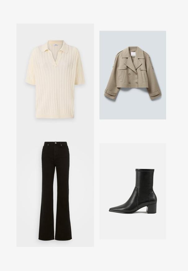 Beżowa, krótka, wełniana, dwurzędowa kurtka z szerokimi klapami, zapinanymi kieszeniami z klapą oraz detalami w postaci pasków na mankietach i ramionach.; Kremowy polo z krótkim rękawem i dekoltem w kształcie litery V, z teksturą ryżową, otwartym splotem i jednolitą kołnierzykiem.; Czarne dżinsy z wysokim stanem i rozszerzanymi nogawkami, wykonane z denimu, z zapięciem na guzik, bocznymi kieszeniami oraz gładką fakturą.; Czarny botek za kostkę wykonany z gładkiej skóry, z szpiczastym noskiem, słupkowym obcasem oraz wyraźnym podniesionym szwem na górnej krawędzi.