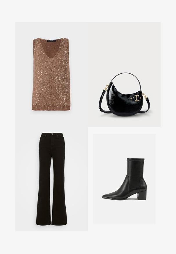 Béžový krátky vlnený dvojradový sako s širokými klopami, gombíkmi na klopových vreckách a detailami pruhov na rukávoch a pleciach.; Hnedý pletený top bez rukávov s výstrihom do V, zdobený rozptýlenými kovovými flitrami pre textúru a vizuálny záujem.; Čierne riflové nohavice s vysokým pásom a rozšírenými nohavicami, s gombíkovým zapínaním, bočnými vreckami a hladkou textúrou.; Čierne členkové topánky vyrobené z hladkej kože, s špicatou špičkou, blokovým podpätkom a výrazným zvýšeným švom na hornom okraji.; Čierna patinovaná kožená kabelka s krivým tvarom, nastaviteľným popruhom a zlatými detailmi na strane. Hladká, lesklá textúra.