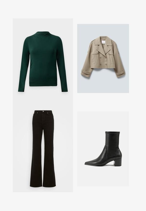 Jachetă din lână bej, scurtă, cu două rânduri de nasturi, rever larg, buzunare cu clapetă butonate și detalii cu curea pe manșete și umeri.; Tricou lung cu mânecă, de culoare verde închis, ușor și cu guler mic, având o siluetă ajustată, pe un fundal simplu deschis.; Jeans negre cu talie înaltă, evazați, din denim, cu închidere prin buton, buzunare laterale și o textură netedă.; Botină neagră până la gleznă, fabricată din piele netedă, cu vârf ascuțit, toc tip bloc și cusături proeminente distincte la marginea superioară.
