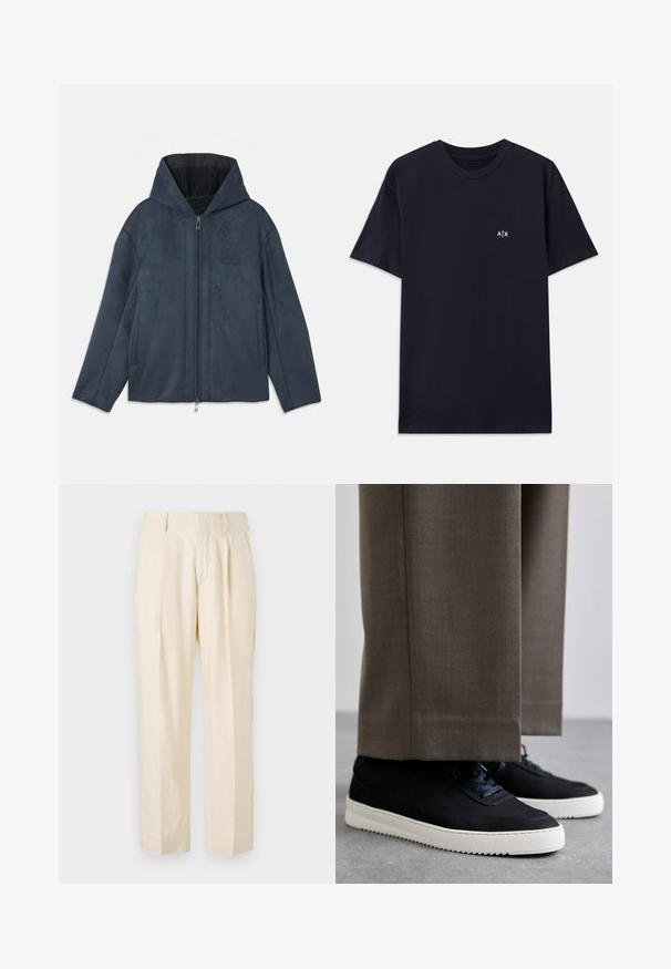 Mørkeblå hættejakke lavet af blødt, suede-lignende materiale, der har en lynlås foran, sidelommer og en blød inderside.; Mørkeblå bomulds T-shirt med korte ærmer og rund halsudskæring. Har et lille hvidt "A|X" logo på venstre brystområde.; NN.07 KAY - Bukser - off white; Sorte ruskind sneakers med hvide gummisåler, med rund tå og snørebånd, båret med grå skræddersyede bukser.