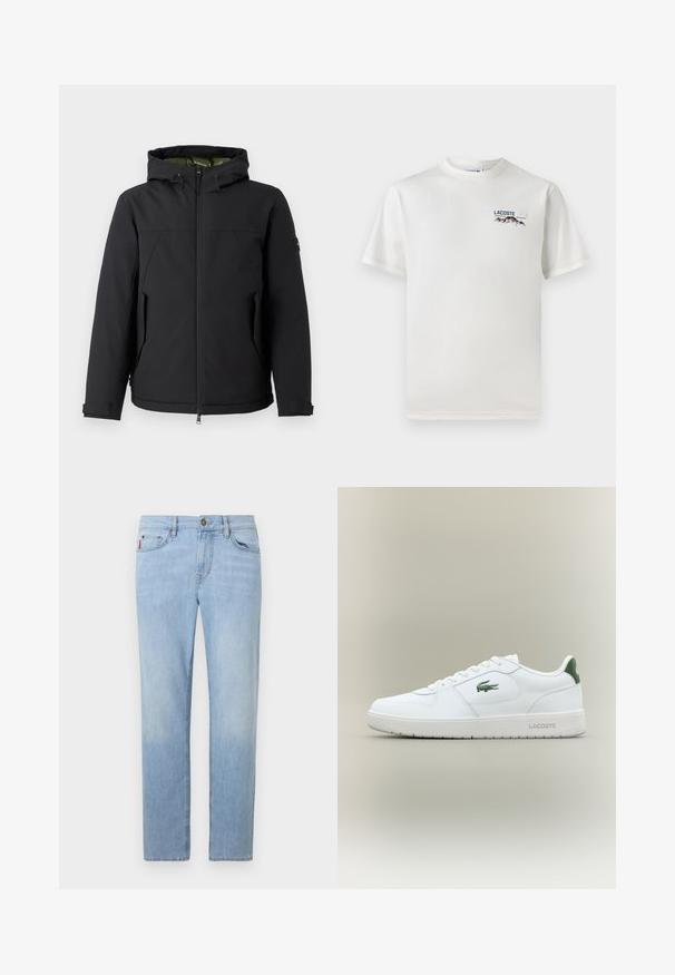 Juodas izoliuotas džemperis su kapišonu, užtrauktuko uždarymu ir šoninėmis kišenėmis. Pasižymi lygiu išoriniu paviršiumi ir kontrastinga vidine pamušalu.; Baltas medvilninis marškinėliai su apykakle, trumpomis rankovėmis ir mažas siuvinėtas logotipas, vaizduojantis kalnus ir tekstą ant kairiojo krūtinės.; Šviesiai mėlyni džinsai su tiesiu kirpimu, priekinėmis ir galinėmis kišenėmis, bei užtrauktuku. Yra subtilus išblukimas ir kontrastinga siuvimo linija.; Balti odiniai sportbačiai su lygiu paviršiumi, žaliais akcentais ant kulno ir žalia logotipu šone. Siūlo plokščią pado struktūrą ir apvalią nosį.