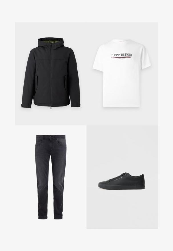 Casaco isolante preto com capuz, fecho de zip e bolsos laterais. Apresenta um material exterior liso e um forro interior em contraste.; T-shirt de algodão branco com o logótipo "TOMMY HILFIGER" em preto com uma linha de acento vermelha, gola redonda e mangas curtas.; Calças de ganga pretas com um corte slim, design de cinco bolsos, fecho de botão e desbotamento subtil. Textura suave com uma aparência clássica.; Tommy Hilfiger VULC LOW - Sapatilhas - triple black