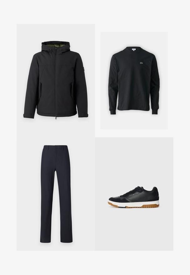 Čierna izolovaná bunda s kapucňou, so zipsom a bočnými vreckami. Má hladký vonkajší materiál a kontrastnú podšívku.; Čierne tričko s dlhým rukávom vyrobené z bavlny, s okrúhlym výstrihom a malým zeleným vyšívaným logom krokodíla na ľavej hrudi.; Námorníckomodré nohavice z hladkej látky s predným zapínaním na gombík, tradičným pásom a rovnými nohavicami.; Čierne tenisky s kombináciou hladkej kože a semišu, bielou medzipodrážkou, gumovou podrážkou a nenápadným brandingom na boku.