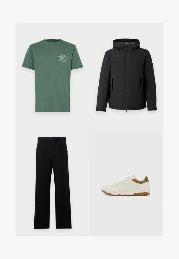 Čierna izolovaná bunda s kapucňou, so zipsom a bočnými vreckami. Má hladký vonkajší materiál a kontrastnú podšívku.; Zelené bavlnené tričko s krátkymi rukávmi, okrúhlym výstrihom a malým bielym logom na ľavej strane hrude. Hladká textúra, uvoľnený strih.; Čierne nohavice so strihom na mieru vyrobené z bavlny; majú plochý predný diel, viditeľné šité švy a rovný strih nohavíc. Zapínanie na gombík na páse.; Tommy Hilfiger BASKET CORE - Tenisky - ecru/army green