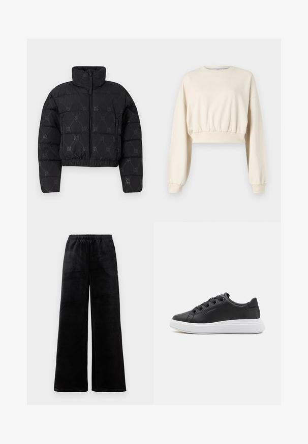 Melnā pūkdzīvokļa jakā ar īsu dizainu, kas aprīkota ar augstu apkakli, priekšējo rāvējslēdzēju un atkārtotu "HUGO" rakstu visā virsmā. Mīksta, izšūta tekstūra.; Apgriezts, bēšs svārkstens ar gariem, pūkainiem piedurknēm. Ir elastīga jostasvieta un ribotas apkakles. Diskretā logo izšūta tuvu apkaklei.; Melni plati bikses, izgatavotas no mīksta auduma, ar elastīgu jostasvietu un gludu tekstūru. Vienkāršs dizains bez rakstiem vai akcentiem.; Calvin Klein CUPSOLE LACE UP - Sporta apavi - black