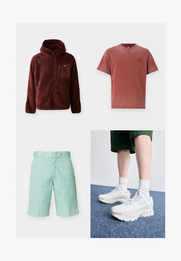 Burgundijas fleeces jaka ar rāvējslēdzēju priekšpusē, kapuci, sānu kabatām un krūšu kabatu. Struktūrizēts, mīksts materiāls ar nedaudz pārlieku lielu piegriezumu.; Īsām piedurknēm T-krekls ar apaļu kakla izgriezumu izbalinātā rūsas krāsā, izgatavots no mīkstas kokvilnas ar maigu logo printu uz krūtīm un redzamām šuvju detaļām.; Nodrošināti piparmētru zaļi kravas šorti no kokvilnas, ar divām sānu kabatām, plakanu jostu un šūtiem malām. Gluda tekstūra bez rakstiem.; Baltas sporta apavi ar teksturētām detaļām, masīvu zoli un pelēkiem akcentiem. Valkāti ar baltiem zeķu pēdu apģērbiem un zaļām šortiem uz zilas virsmas.