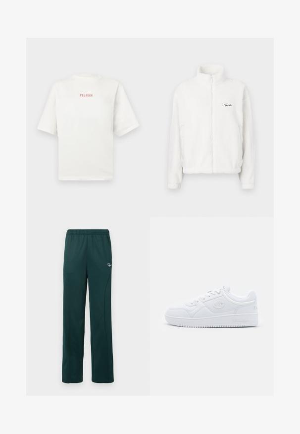 Chaqueta de forro polar blanca con cremallera y un alto cuello, que presenta una textura suave y un logo bordado en el lado izquierdo del pecho. Ligera y con un corte ancho.; Camiseta de algodón blanca con cuello redondo y mangas cortas. Presenta un pequeño logo rojo "PEGADOR" en el frente. Textura suave, ajuste relajado.; Pantalones de chándal verde oscuro hechos de una tela suave, con una cintura elástica y costuras laterales, y un pequeño logo en la parte delantera.; Zapatilla blanca hecha de material sintético suave, con puntera redonda, suela plana y sutiles acentos de logo en los laterales. Diseño clásico de caña baja.