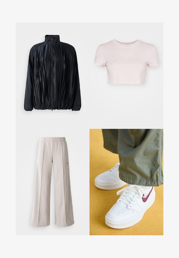 Chaqueta negra plisada con un cuello alto, cierre de cremallera y dobladillo elástico. Textura similar al satén con sutiles acentos a lo largo de los hombros.; Camiseta corta en rosa claro, hecha de tejido suave. Presenta un cuello redondo y mangas cortas con un pequeño logo blanco de Nike en el pecho.; Pantalones de pierna ancha en gris claro, confeccionados con una tela suave. Presentan una cinturilla elástica y el logotipo negro de Nike en el lado izquierdo.; Jordan AIR JORDAN 1 ELEVATE - Zapatillas - white/bordeaux/white onyx