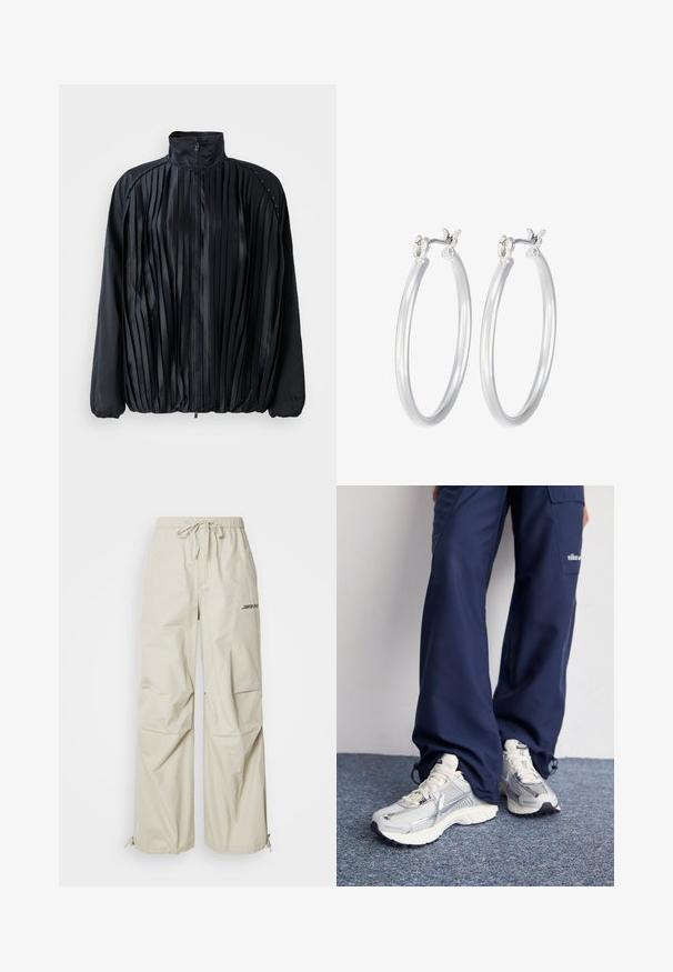Black pleated jacket with a high collar, zip closure, and elastic hem. Satin-like texture with subtle accents along the shoulders.; Cropped T-shirt in light pink, made of soft fabric. Features a crew neck and short sleeves with a small white Nike logo on the chest.; Beige, wide-leg trousers made of lightweight fabric. Features an elastic waistband with a drawstring and a printed logo on the side.; Nike athletic shoes with a silver mesh upper, white accents, and textured soles, paired with loose-fitting navy pants.; Silver hoop earrings with a smooth, polished finish. Round shape and secure click-top closure. Lightweight design suitable for everyday wear.