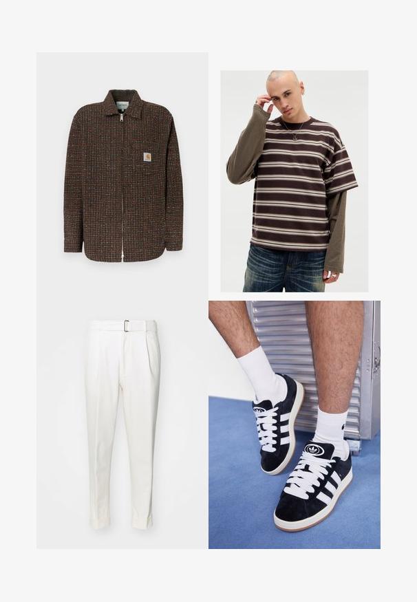 Ruskea ruudullinen takki, jossa on sinisiä ja oransseja yksityiskohtia, täysipitkä vetskari, pitkät hihat ja rintatasku, jossa on logopatch.; Ruskea ja beige raidoitettu lyhythihainen paita, jossa on kerroksellinen pitkähihainen pohja. Pehmeä rakenne, rento istuvuus ja pyöreä pääntie. Hopeiset asusteet näkyvissä.; Valkoiset puuvillahousut, joissa on vyölenkki, etummaiset laskokset ja käänteet lahkeissa. Sileä pinta ja muototettu istuvuus.; Mustat mokkasneakersit, joissa on valkoiset nauhat ja kolme valkoista raitaa. Kengissä on ympyrän muotoinen musta logo kielen päällä ja kuminen pohja.