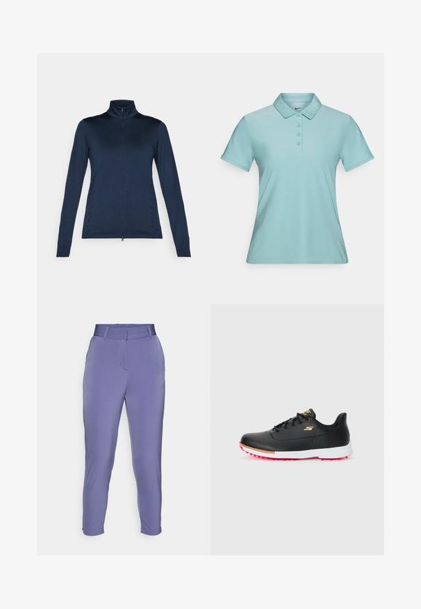 Temno modra jakna z dolgimi rokavi in zadrgo, z visokim ovratnikom, ki ima gladko teksturo in stranske natančnosti tkanega vzorca.; Svetlo modra polo majica z gumbi in kratkimi rokavi, s klasičnim ovratnikom. Narejena iz gladkega, lahkega materiala. Nike logo na ovratniku.; Vijolične, krojene hlače z visokim pasom, gladko teksturo in ozkim krojem. Imajo stranske žepke in oblikovan hlačnic.; Črne golf copate z belim podplatom, rožnatimi žebljički, zlatim logotipom "S" in črnimi vezalkami na enakomerni svetli podlagi.