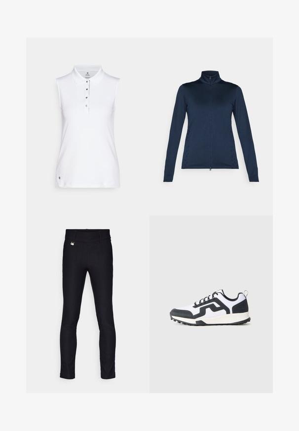 Granatowa bluza z długim rękawem na zamek z wysokim kołnierzem, charakteryzująca się gładką teksturą i bocznymi akcentami w pleciony wzór.; Biała bezrękawnikowa koszulka polo z kołnierzykiem, pięcioma guzikami z przodu i subtelnym logo na dole. Miękka tkanina o gładkiej fakturze.; Czarne, dopasowane spodnie wykonane z elastycznej tkaniny. Charakteryzują się gładką fakturą, płaskim paskiem w talii oraz srebrnym akcentem na froncie.; Białe i czarne niskie sneakersy z wzorzystą gumową podeszwą oraz zygzakowatym wzorem po bokach, pokazane od zewnętrznej strony na jednolitym tle.