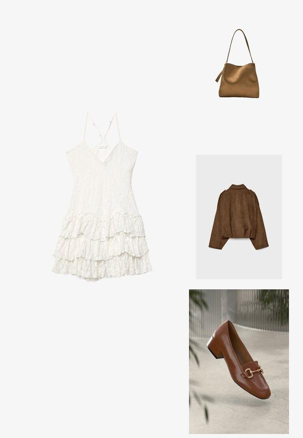 Ruskea tekonahkainen mokkatakki, jossa on kauluksellinen kaula-aukko, ylisuurikokoinen istuvuus ja laskostetut olkapäät. Takana pystysuoria saumadetaljeja ja lyhyt malli.; Valkoinen hihaton pitsimekko, jossa on V-pääntie, säädettävät ohuet hihnat ja kerroksellinen röyhelöhame.; Ruskea kiiltävä nahkaloaferi neliönmuotoisella varpaalla, metalliketjuaktsentilla ja matalalla tukijalalla; sileä rakenne, minimalistinen muotoilu.; Ruskea mokkasuede-käsilaukku, jossa on sileä pinta, kaareva yläosa ja pitkä, litteä olkahihna. Toisella puolella on vetoketjun nyöri.